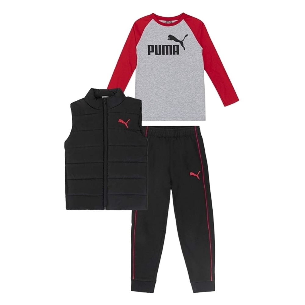 New Puma 3 pcs Set Kids 3/4 Puffer Puffer Vest Shirt Sweat Pants Boy